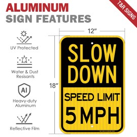 (2 Pack) Slow Down Speed Limit 5 MPH Sign, Slow Down Sign, 18" x 12" Engineer Grade Reflective Sheeting, Rust Free Aluminum, Weather Resistant, Waterproof, Fade Resistant, 2 Pre-drilled Holes