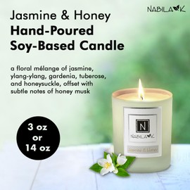 Nabila K – Jasmine & Honey - Soy-Based Candle - Jasmine, Ylang-ylang, Gardenia, Tuberose, and Honeysuckle, Honey - Hand-Poured - Cotton Wick - Aromatherapy - Essential Oils - Made in USA - 14 oz