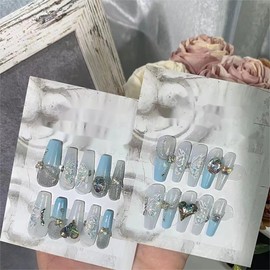 Nail Apparel Hand Made Long Ballet Press on Nails-Luxury UV Finish Manicure 10Pcs, Various Size (Large (Pack of 10), Light Blue French Butterfly Rhinestone Pearl Chain)