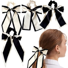 4 PCS Bow Hair Ties Satin Scrunchies Black Beige Chiffon Hair Scrunchies with Ribbon Short Satin Knotted Elastic Scarf Bow Elastics Hair Tie Soft Textured Hair Ropes Accessories for Women Girls