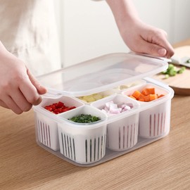 Vegetable Organizer Box with 6 Pcs Drain Basket, Reusable Food Storage Box Vegetable Spice Case, Plastic Food Containers for Chopped Green Onion Ginger Garlic Vegetables
