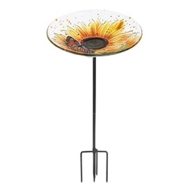 MUMTOP Bird Baths for Outdoors, Glass Birdbath Birdfeeder Bowl with Metal Stake for Outside Garden Yard Lawn Sunflower Butterfly Decor