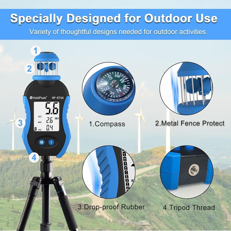 Handheld Cup Anemometer, 42m/s Digital Air Wind Speed Meter with