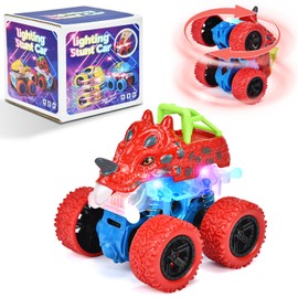Dinosaur Toy Gift for 2 Years Old Boys, Pull Back Monster Truck Toy Car, 360° Stunt Car for 2-5 Years Old Toddler, Christmas Birthday Party Gift for 2-6 Years Old Toddler Boys (Red)