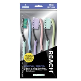 Reach Essentials Toothbrush with Toothbrush Caps, Multi-Zoned Angled Soft Bristles, Contoured Handle, Tongue Scraper, 6 Count