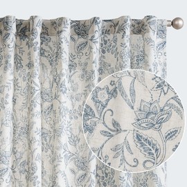 Vangao Blue Floral Linen Blend Curtains for Living Room 84 Inches Long Farmhouse Curtains for Bedroom Vintage Print on Beige Light Filtering Window Drapes Back Tab Rod Pocket 2 Panels