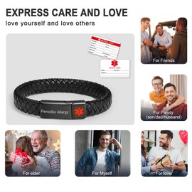 PJ JEWELLERY Penicillin Allergy Braided Genuine Leather Medical ID Wristband Mens Medical Alert Leather Bracelet with Stainless Steel Magnetic Clasp