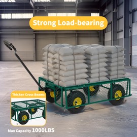 Finnhomy Heavy Duty 1000 Lbs Capacity Mesh Steel Garden Cart, Pullable Garden Wagons Carts on Wheels, Folding Utility Wagon with Removable Sides for Outdoor, Yard, Lawn, Green