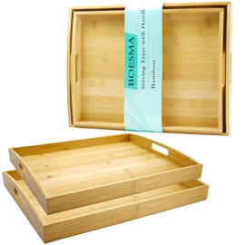 Set of 2 Bamboo Serving Tray with Handles, Decorative Wooden Tray for Breakfast, Dinner, Coffee Table - Portable Bamboo Tray for Ottoman, Kitchen, Living Room Bedroom, Outdoor Scenarios and More
