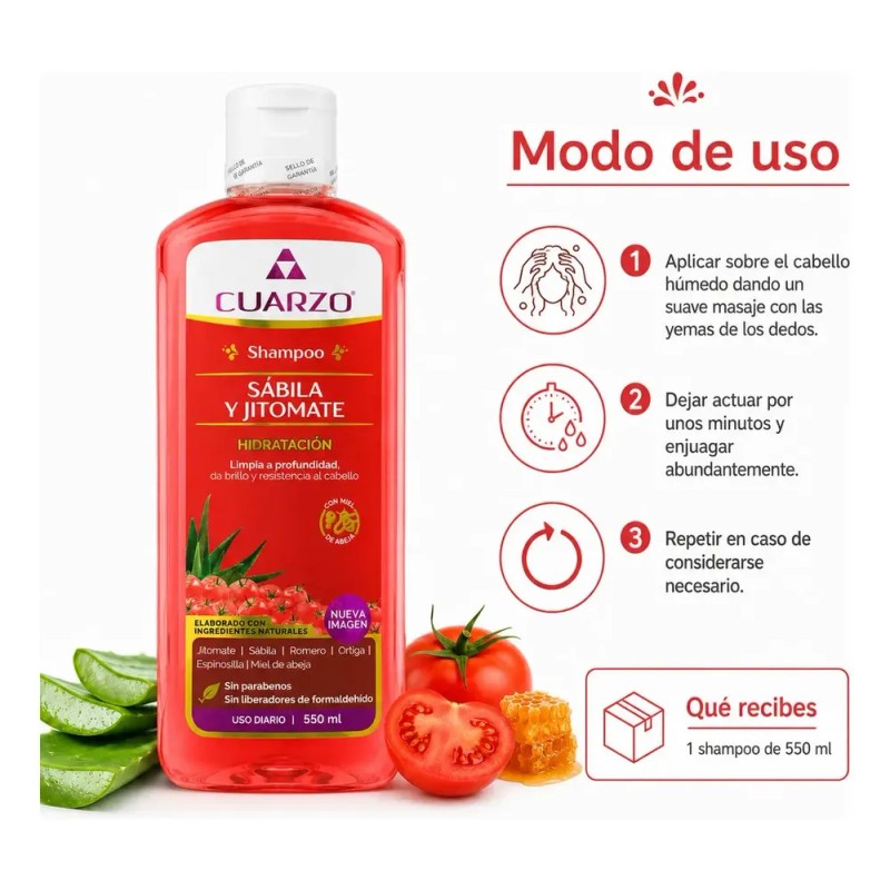 Shampoo Sabila Y Jitomate Para Cabello 550 Ml Cuarzo Natural