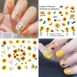 Vezocim Nail Art Stickers Decals, Holographic Sunflower Nail Water Transfer Decal Designs, Yellow Flower Butterfly Bee Nail Sticker Acrylic Supplies for Women Manicure Tips Decorations (A1633-1644)