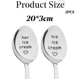 2 Pieces Ice Cream Engraved Spoons His & Hers Couple Gift Idea Anniversary Wedding Valentines Wife Husband Boyfriend Girlfriend Engagement Stainless Steel Coffee Tea Dessert Silverware