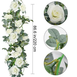 Bacucine Flower Garland Rose Vine 4Pcs 28FT Artificial Floral Garland with Green Leaves Hanging Rose Vine for Wedding Party Garden Home Wall Decor (White)