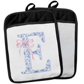 Blue and White Chinoiserie Initial Letter E Pot Holders with Pockets, Monogrammed Gifts, Blue Floral Monogrammed Pot Holders Heat Resistant Oven Mitts Hot Pads for Kitchen Baking Cooking