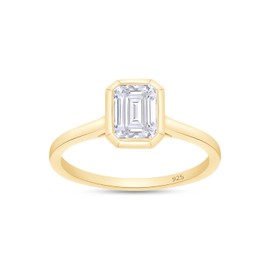 SAVEARTH DIAMONDS 1 Carat 5X7MM Emerald Cut Lab Created Moissanite Diamond Bezel Set Solitaire Engagement Ring for Women in 14K Yellow Gold Plated 925 Sterling Silver(Color : G-H, Clarity : VVS1)-8.5