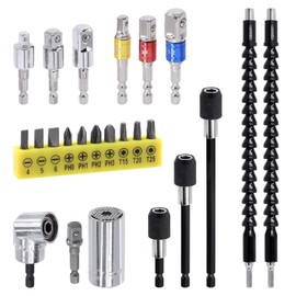 Tanstic 24Pcs Flexible Drill Bit Extension Set, Bendable Drill Bit Extension, 105° Right Angle Drill Attachment, Rotatable Joint Socket 1/4 3/8 1/2 Inch Hex Socket Adapter, Screwdriver Bit Kit