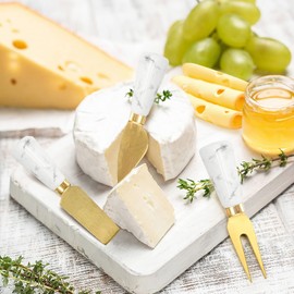 Golden Cheese Knife Set 6 Piece Marble Handle Butter Spatula Knives Cheese Spreader Cutter with Ergonomic Ceramic Handle Cheese Shaver and Fork for Birthday Wedding Party (White)