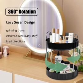 Zufudo Rotating Makeup Organizer Countertop 2 Tier Lazy Susan Trays Spinning Skincare Perfume Storage for Bathroom Counter Vanity, Black