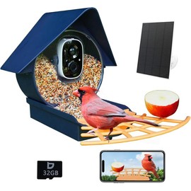 Smart Bird Feeder with Camera - AI Identifies Bird Species, Solar Panel, 32GB SD Card, Includes App Notifications, Red Bird on Display - Color: Diamond blue