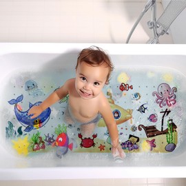 Baby Bath Mat for Tub for Kids, 40 X 16 Inch Bathtub Mat Non Slip, Cartoon Bath Tub Shower Mat Anti Slip with Drain Holes and Suction Cups Machine Washable (Whale + Submarine)