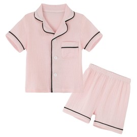 JWWN Kids Short Sleeve Pajama Set 100% Cotton Button Down Sleepwear Big Girls Summer Soft Lounge Set (Pink,9Years)