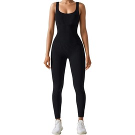 AURUZA Jumpsuit for Women Workout Seamless Jumpsuit Yoga Ribbed One Piece Tank Tops Rompers Sleeveless Exercise Tummy Control Jumpsuits Square Neck Leggings Romper, Black，XS