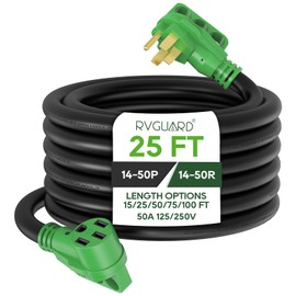 RVGUARD 50 Amp 25 Foot RV/EV Extension Cord, NEMA 14-50P/R Heavy Duty Extension Cord with LED Power Indicator and Cord Organizer, Green, ETL Listed
