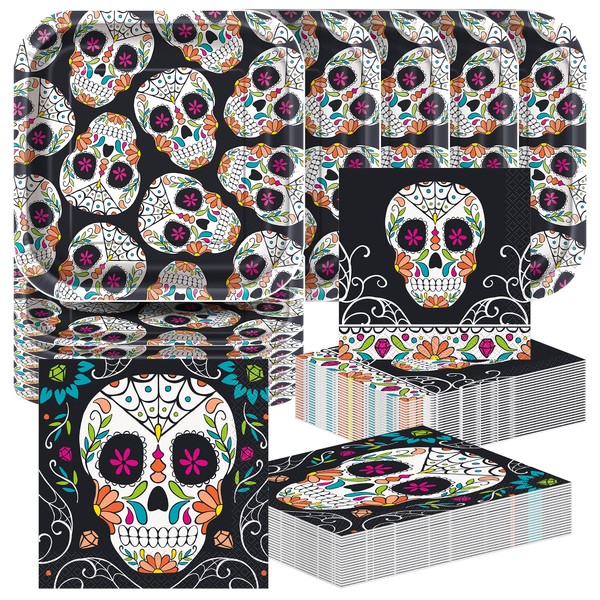 Unique Skull Day of The Dead Party Bundle for 10 Guests - 20 Luncheon & Beverage Napkins, 10 Square 7" Dessert Plates - Halloween Parties & Decorations Supply Bulk Set Disposable Sugar Skull Decor