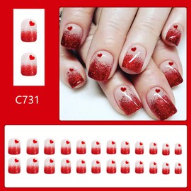 Valentine's Day Press on Square Nails Short Length Acrylic Square Shaped False Nails with Love Heart Designs Artificial Extra Short Square Fake Nails Glue Stick on Fingernails for Women Girls(C731)