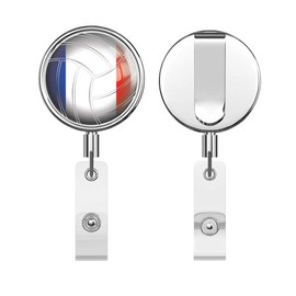France Volleyball World Flag Round ID Badge Key Card Tag Holder Badge Retractable Reel Badge Holder with Belt Clip