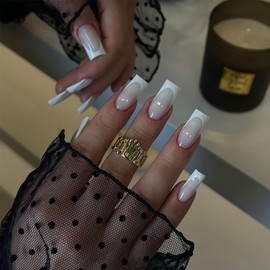 Press on Nails Medium Length Milk White Gradient False Nails Artificial Acrylic Nails White French Fake Nails Square Nails 24Pcs Full Cover Glossy Reusable Coffin Nails Glue on Nails for Women