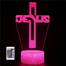 3D Jesus Kreuz Gott Fernbedienung 16 Farben Nachtlichter Illusion Acryl LED Tisch Nachttisch Lampe Kinder Schlafzimmer Schreibtisch Dekor Geburtstag Geschenke Spielzeug für Kinder