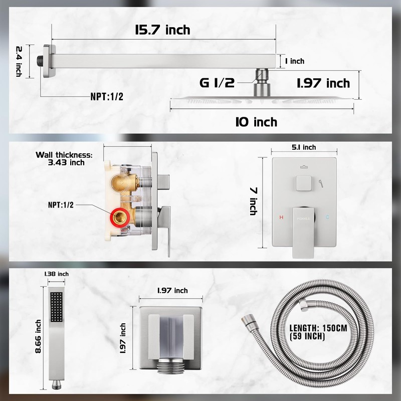 10 Inch Rainfall Shower System - Wall Mounted Complete Combo
