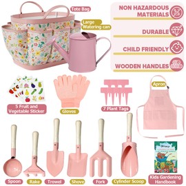 Kids Gardening Set 14Pcs Gardening Tools for Kids with Tote Bag,Watering Can, Shovel, Apron, Garden Book and More Educational STEM Learning Outdoor for Toddlers Boys Girls (Pink)