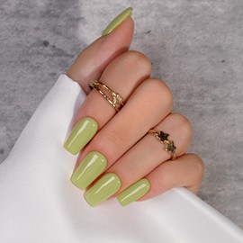 KQueenest Olive Green Press On Nails Long Square - Acrylic Press On Nails with Glue, Coffin Medium Fake Nails Press ons, Glossy Opaque Moss Green, Reusable Soft Gel Glue on Nails for Women, 24 Pcs