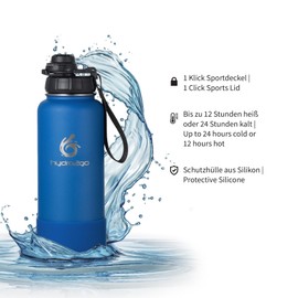 hydro2go® Stainless Steel Water Bottle with Sports Lid, 1 Litre Thermos Flask, BPA-Free, Leak-Proof, Metal Sports Bottle for Sports, Outdoor (Blue, 950 ml)