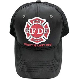 Fire Department - First in Last Out Fireman Officer Gear Uniform Baseball Cap Hat Adjustable, Black Camo With Mesh Back, One Size
