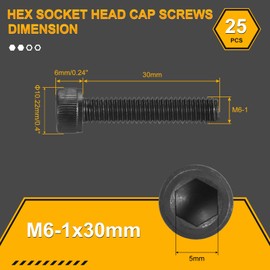 DTGN M6-1x30 Socket Head Cap Screws Bolts - 25Pack - Good for Road Bicycle, Mountain Bike, Auto, Motorcycle - Carbon Steel Hex Head Metric Screws, Black