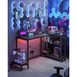 CubiCubi Small Computer Desk with Power Outlets, 40 Inch L Shaped Desk with CPU Stand & Reversible Shelves, Gaming Corner Desk Study Writing Table for Home Office Bedroom, Black