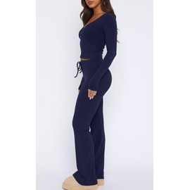 LACOZY Summer Ladies Cotton Pajamas Set Long Sleeve Sexy V Neck Pj Set Y2K 2 Piece Lounge Workout Set Tracksuit for Yoga Navy Blue Meidum