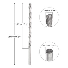 sourcing map 10.5mm Twist Drill Bits, High-Speed Steel Straight Shank Extra Long Drill Bit 250mm Length for Wood Plastic Aluminum