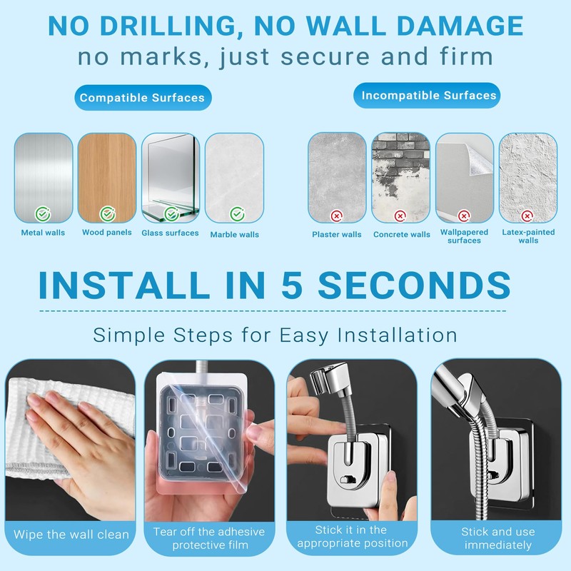 HONGYUETECH Shower Head Holder Adhesive, No-Drill Adjustable Handheld Shower Head