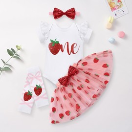 FYMNSI Baby Girl 1st Birthday Outfit Cotton Short Sleeve Romper Tutu Skirt Headband Leg Warmer 4-Piece Set, red, 12 - 18 months