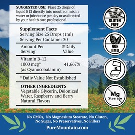 Pure Mountain Botanicals B12 Vitamin 1000 mcg – Kosher Liquid B12 Drops with Natural Berry Flavor
