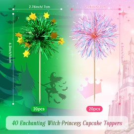 Geelin 40 Pcs Witch Themed Foil Firework Cupcake Toppers Pink & Green Sparkle Tinsel Cupcake Decorations with Magic Wand Designs for Witch Parties Princess Birthday Parties Enchanted Themed Events
