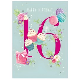 Girls 16th Birthday Card for Her - Age 16 - Cupcakes, Balloons and Flowers Design - Eco-Friendly
