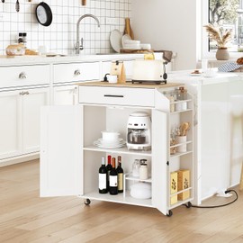 HOOBRO Kitchen Island with Power Outlet, Kitchen Storage Island with Spice Rack and Drawer, Rolling Kitchen on Wheels, for Home, Dining Room, Natural and White