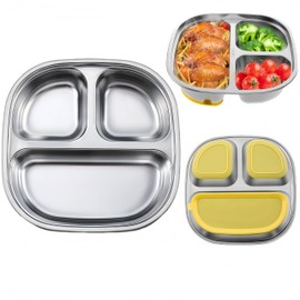 FeBohao Stainless Steel Baby Plate Divided Suction Plate with 3 Compartment Portion Control Plate Set