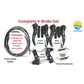 AARNAV Complete V Brakes Set, Calipers, Alloy Levers, Cables, V Brake Fixings Suitable for All Bikes (V Brake Set with Accessories & Cables Set & Silver Alloy Lever Set)