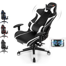 CHEFJOY Massage Gaming Chair, High Back Office Computer Chair with Headrest and Lumbar Support, Racing Style Reclining Swiveling Game Chair for Home Office (White)